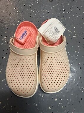 CROCS LiteRide Clogs in Cream with Pink Insole